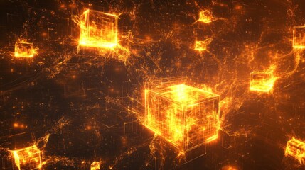 Glowing Cubes Float In A Digital Space Network