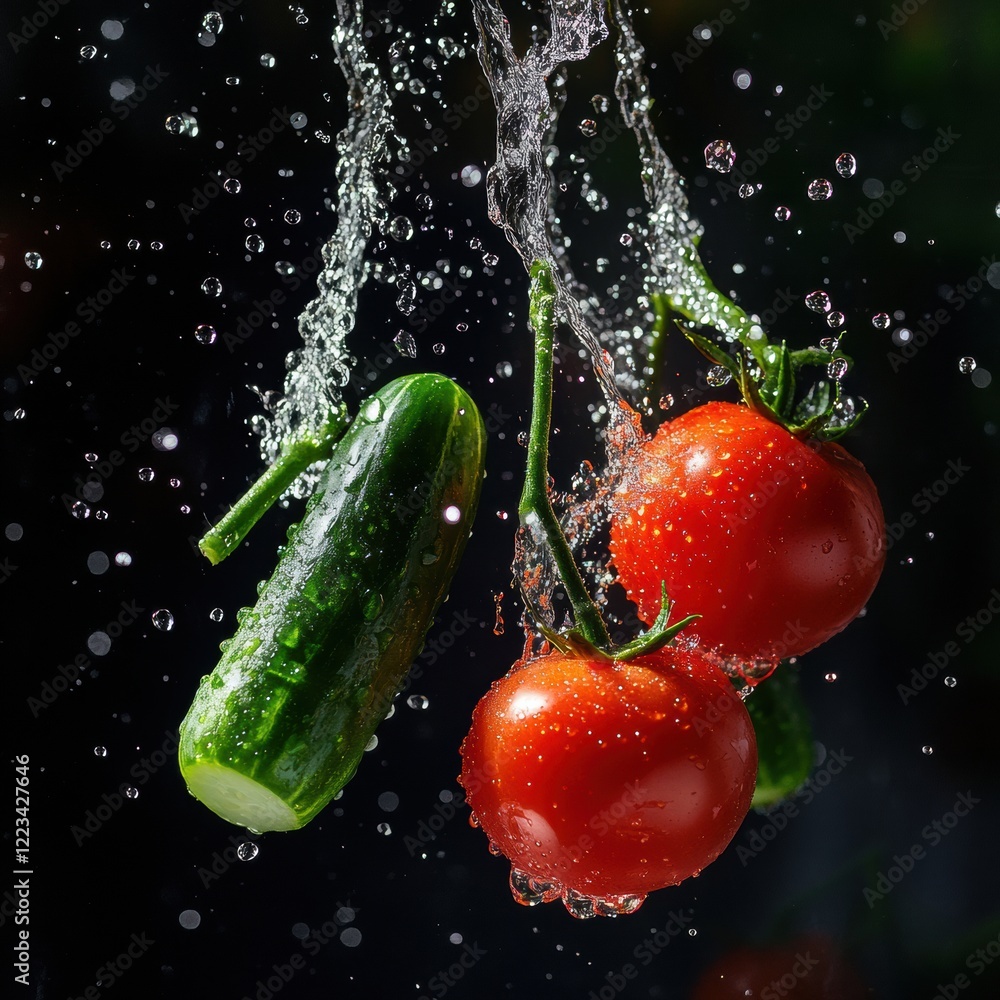 Poster fresh tomatoes and cucumber splashing in water with droplets captured in a vibrant kitchen setting. 