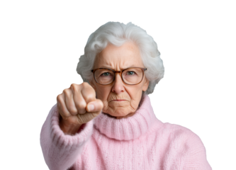 Elderly woman showing disapproval with raised fist, wearing soft pink sweater and glasses on a transparent background