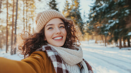 Fototapeta premium A joyful woman in a cozy scarf enjoys a sunny winter day on a snow-covered forest path with tall pine trees around her
