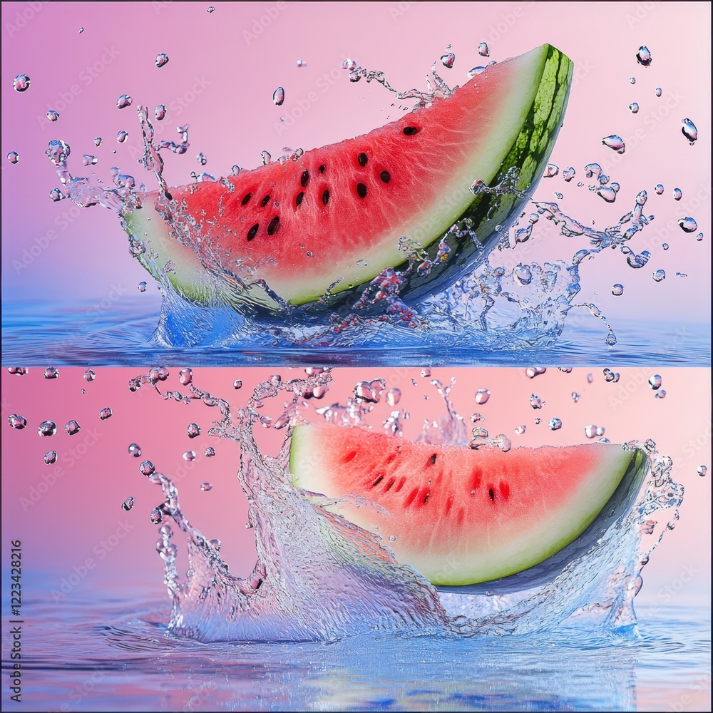Poster watermelon slice splashes into water creating vibrant droplets against a colorful background. genera