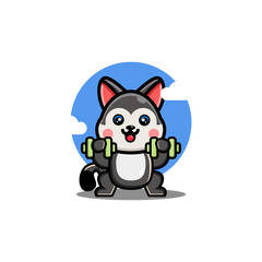 A cute cartoon husky lifting dumbbells with a blue sky and clouds background