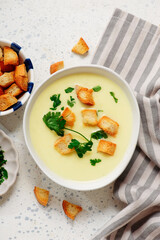 Cheese French Cream Soup with Croutons.style hugge.selective focus