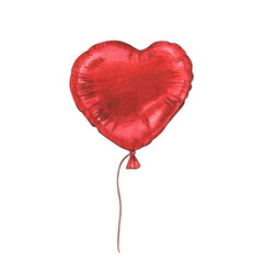 A watercolor illustration of a heart-shaped red balloon. Vintage illustration. In the style of the 80s. A romantic balloon. Ideal for Valentine's Day designs, romantic celebrations, or festive decor.