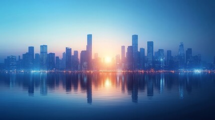 Fototapeta premium Stunning Cityscape Skyline at Sunrise Peaceful Modern Urban Landscape Beautiful City Reflection Water Tranquil Scene Serene Atmosphere Majestic 