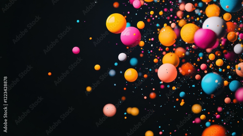 Poster vibrant multicolored spheres on dark background in dynamic motion