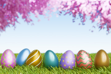 Colorful Easter eggs arranged on grass under a blooming tree, celebrating the Easter holiday. 3d rendering