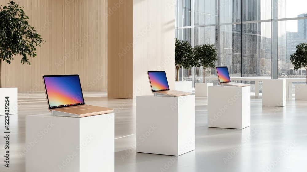 Poster modern workspace showcasing sleek laptops in a minimalist design environment with large windows allo