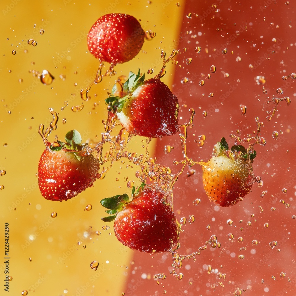 Poster strawberries splash dynamically against a vibrant background while being dropped into water. generat