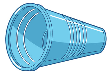 Blue plastic cup, transparent, disposable, ridged texture, cylindrical shape, wide rim, vibrant color, isolated on white background, product photography, clean lines, simple design, everyday object,