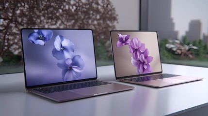 Modern laptops displaying beautiful floral wallpapers on a bright, modern workspace during the afternoon