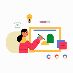 Female Designer Creating Digital Art In Flat Vector Illustration Symbolizing Creativity, Innovation, And Digital Design, Isolated On White Background