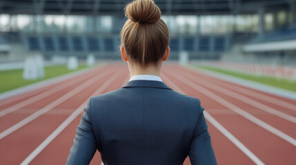 Businesswoman in a suit preparing to run on a track at a stadium during a sunny day, showcasing determination and readiness. businessmen's race, career ladder, going head to head