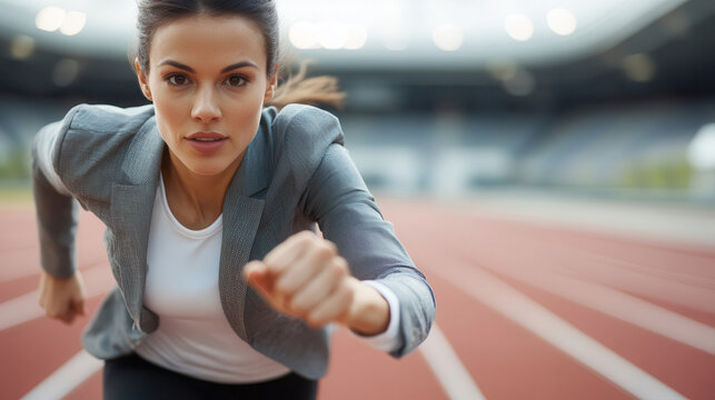 A determined businesswoman running on a track in a stadium wearing a suit during the day, showcasing confidence and drive in her stride. businessmen's race, career ladder, going head to head - Powered by Adobe