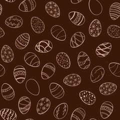 Seamless pattern with Easter eggs on a brown background. Ornaments on the eggs include floral, geometric and plant motifs. Perfect for packaging, holiday cards, websites, textiles,