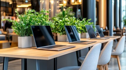 Modern workspace featuring sleek laptops and vibrant greenery in a stylish urban cafe setting during daylight hours