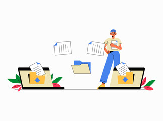 Male Character Transferring Files Between Laptops In Flat Vector Illustration Symbolizing Data Sharing, Organization, And File Management, Isolated On White Background.