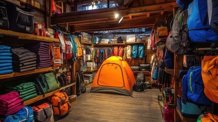 Wooden shop displays camping gear and equipment