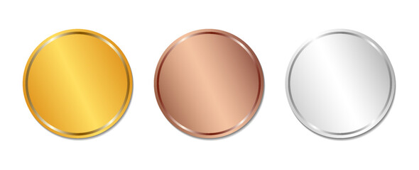 Blank gold, silver and bronze medals with realistic 3D vector illustration. First, second and third place medals or buttons isolated on white background. eps 10
