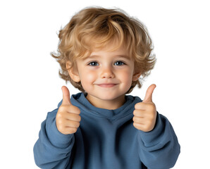 Cheerful young boy giving thumbs up with a big smile on a transparent background