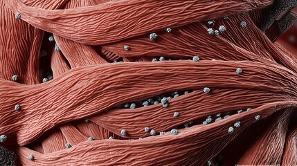 Detailed view of muscle tissue with striations and cell nuclei, a highly magnified image showing muscle tissue, focusing on striations and the arrangement of cells under a microscope.