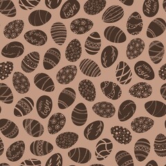 Seamless pattern with Easter eggs on a brown background. Ornaments on the eggs include floral, geometric and plant motifs. Perfect for packaging, holiday cards, websites, textiles,