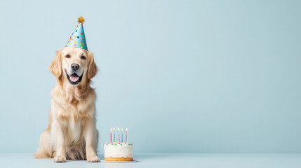 A golden retriever in a birthday hat enjoys a small decorated cake during a joyful pet birthday celebration