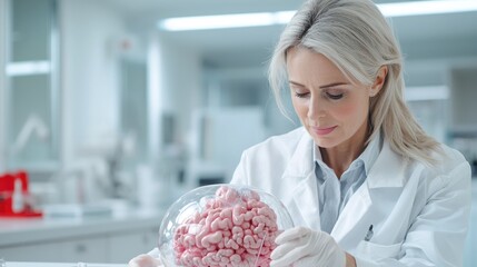 Scientist examines brain model in lab; research background.  Medical illustration