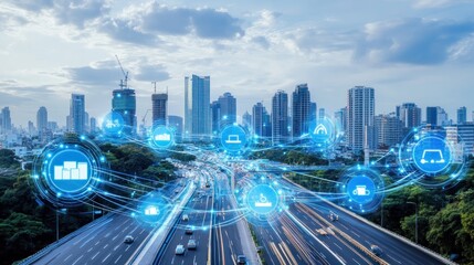 Fototapeta premium Smart City Infrastructure Network Over Busy Highway