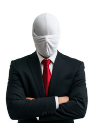 Mysterious figure in formal black suit with hidden face and red tie standing against transparent background