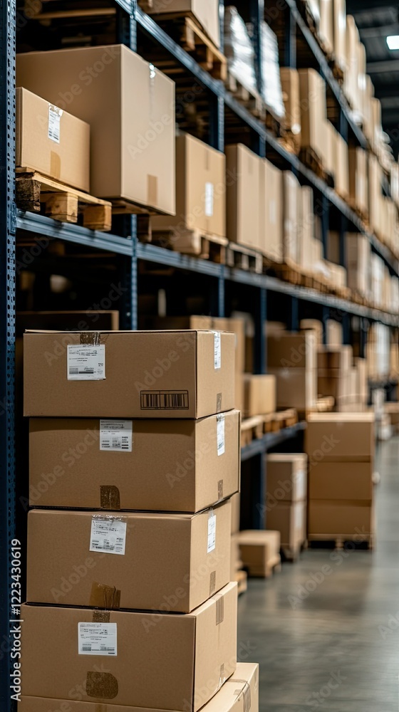 Poster warehouse filled with stacked boxes organized on shelves during daylight hours with clear pathways b