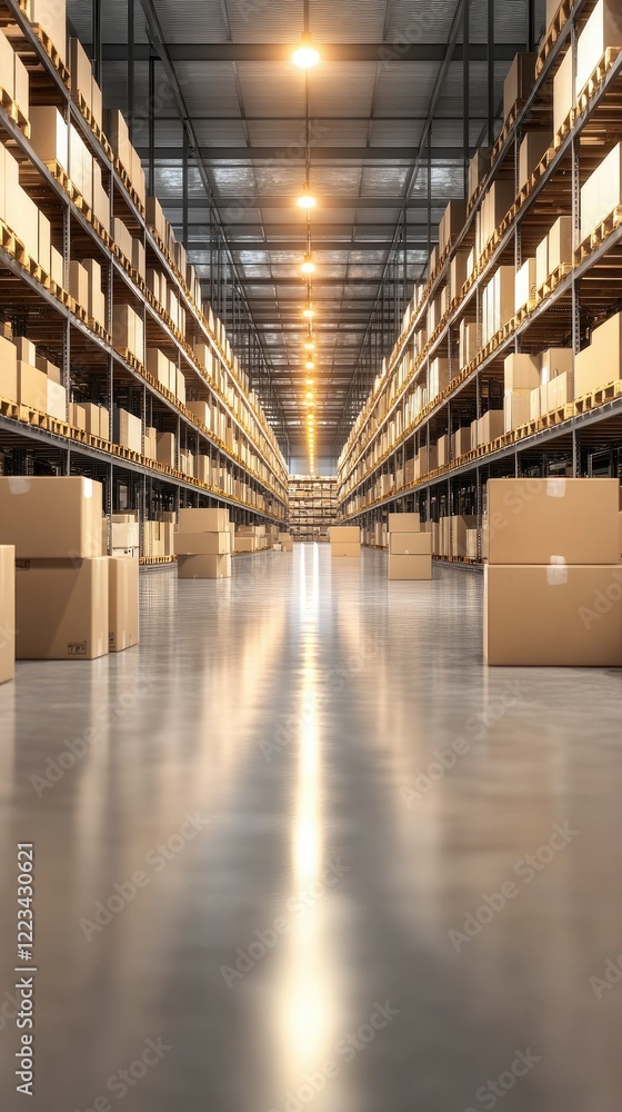 Poster warehouse interior with stacked boxes and overhead lighting creating an organized storage environmen