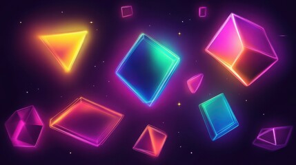 Neon geometric shapes with glowing gradient colors on dark background