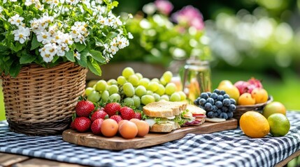 Garden picnic food, flowers, summer feast