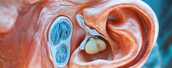 Focused view of the human ear anatomy, showing inner ear structures and auditory canal,