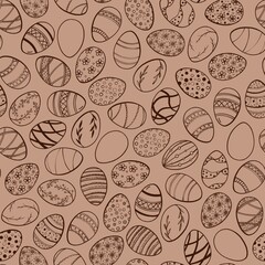 Seamless pattern with Easter eggs on a brown background. Ornaments on the eggs include floral, geometric and plant motifs. Perfect for packaging, holiday cards, websites, textiles,