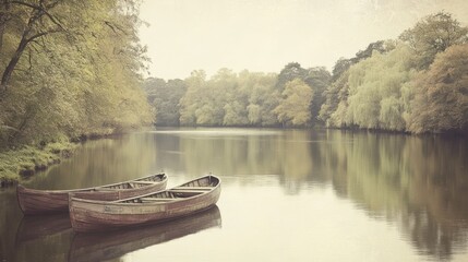 Two Wooden Boats Resting On Calm River Water