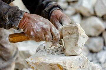 Generative AI Image of a Stonemason Working with Stone, Shaping and Carving Stone Surface