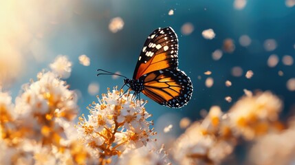 Monarch butterfly on white flowers, spring sunrise, nature background, perfect for greeting cards