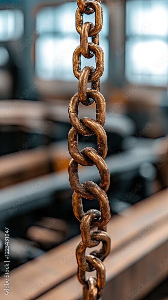 Poster close view of a rusted metal chain hanging in a workshop with blurred tools and machinery in the bac