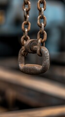 A weathered metal link of a chain dangles prominently against a softly blurred backdrop of a bustling workshop filled with industrial tools