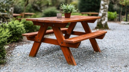 Obraz premium Garden picnic table, plants, gravel, serenity, cafe