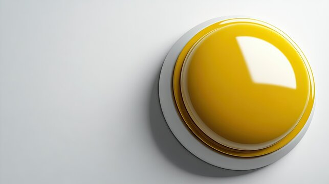 Bright yellow button on a simple white backdrop ready to be pressed in an interactive or game setting