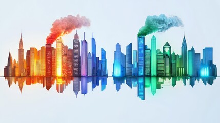 Obraz premium Colorful city skyline with vibrant smoke effects.
