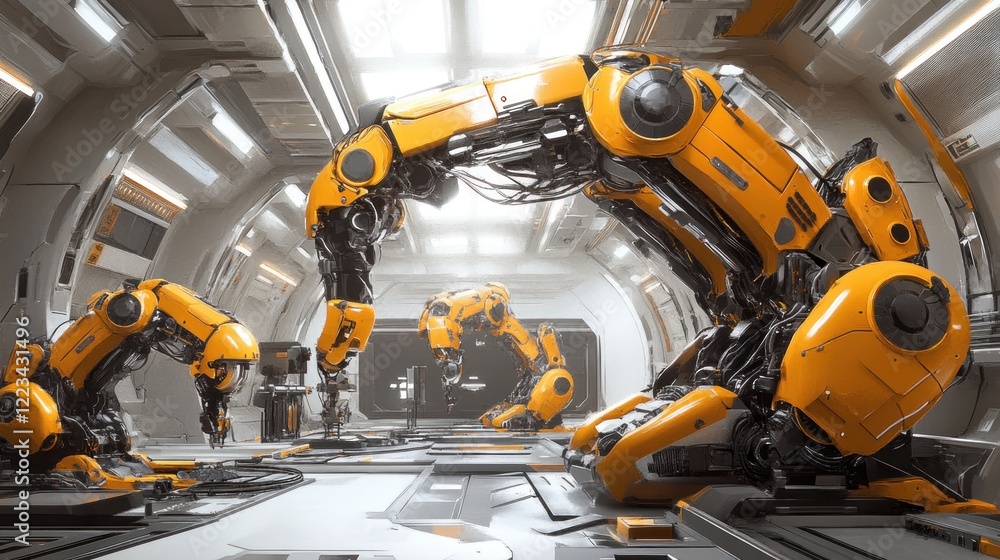 Poster yellow robotic arms working in futuristic factory