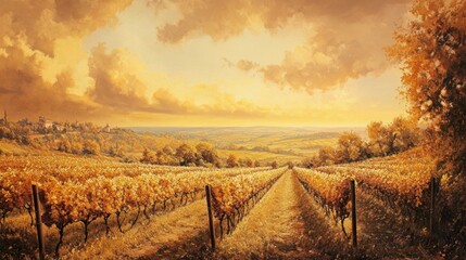 Autumnal Vineyard Landscape Under a Golden Sky