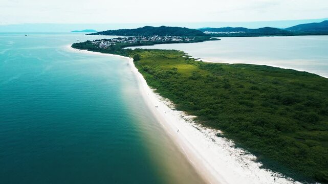 Aerial view of the sandy beach named Daniela located on the north of Santa Catarina island, Florianopolis, Brazil