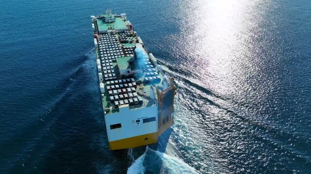 Aerial drone tracking top down photo of roll on roll off or ro ro cargo ship bow with deck designed to carry wheeled cargo cruising outside popular Mediterranean port with deep blue sea 