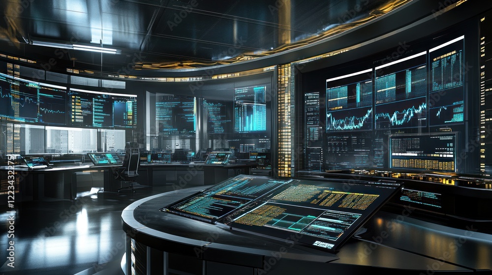 Poster futuristic control room filled with data screens