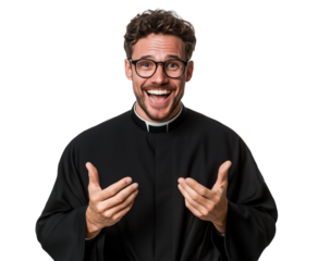 Cheerful clergyman wearing glasses and a black robe with a transparent background interacting with a joyful expression